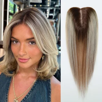 Adornos de cabello humano Rubio mezclado marrón, parte media, Base de seda recta, postizos, 100% cabello humano Remy para mujeres, cabello para bajar