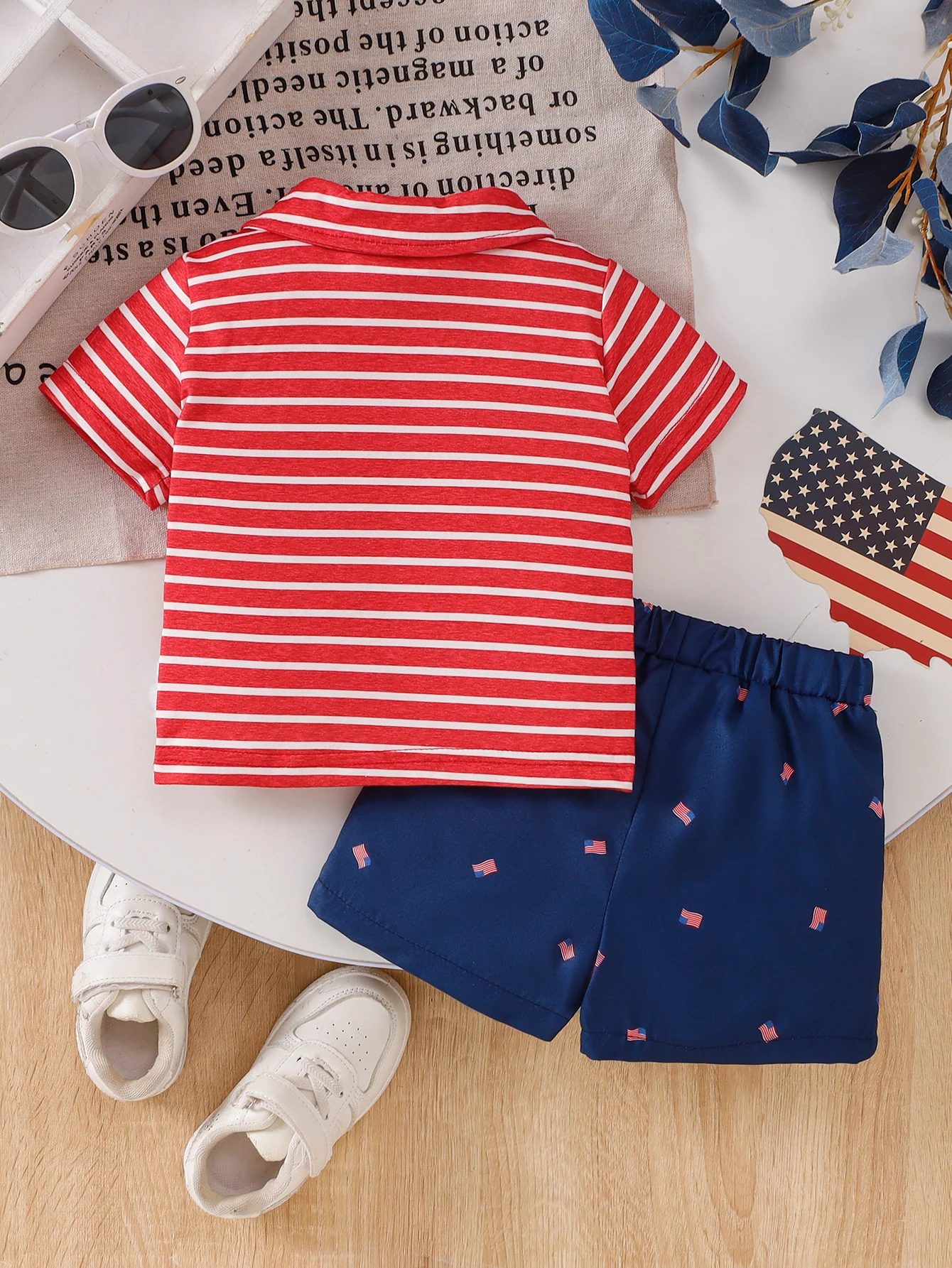 Spring Summer Cute Baby Boy Red-White Stripe Polo Short Sleeve T-Shirt & Star Print Shorts 2-Piece Set 0-4 Years: Soft Fabric