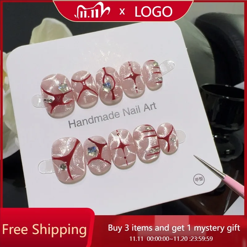 

10 шт. розовые ногти ручной работы с малиновыми розовыми кристаллическими акцентами, уникальный дизайн с красными прожилками и нажатыми ногтями, идеальный подарок для женщин