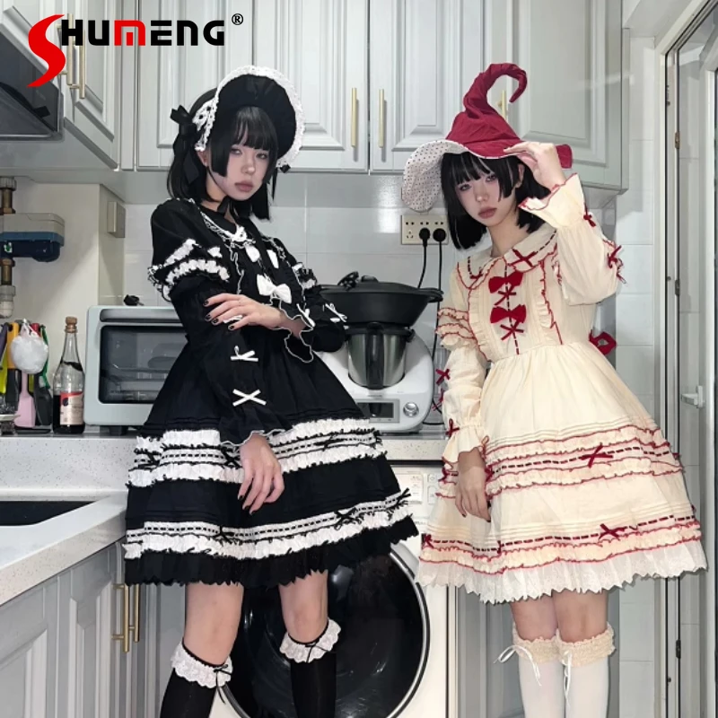 

Original Subculture Gothic Lolita Style Dress Op Autumn New Halloween Cos Short Dress Cute Bow Doll Collar Japanese Dress Women