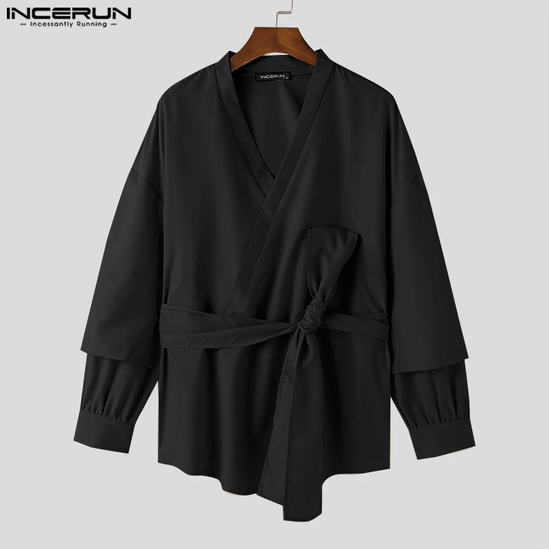 INCERUN Autumn Long Sleeve Solid Men Shirts Fashion V Neck Belt Chemise Tops Tee Streetwear Party Men Clothing Oversized S-5XL