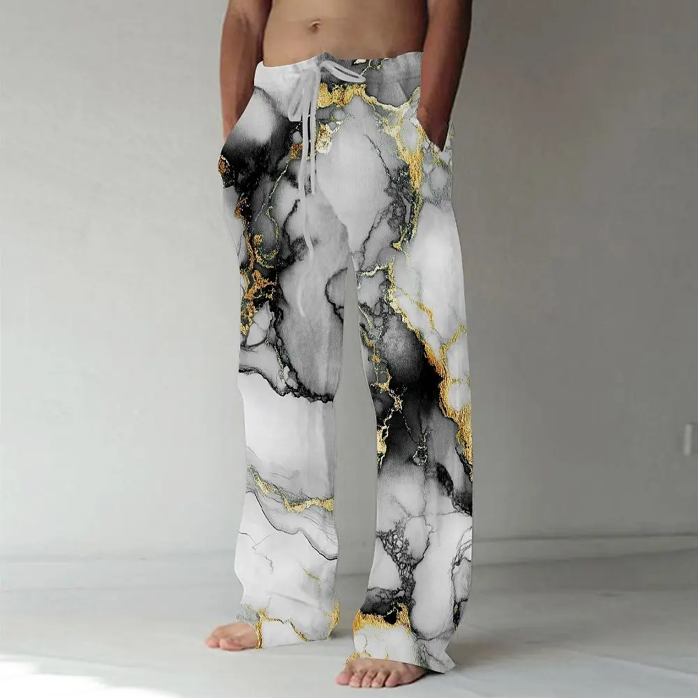 Herbst 2026 Herrenhose mit Marmor-Abstraktmuster, mittelhoher Bund, elastischer Bund mit Kordelzug, lässige Outdoor-Hose mit weitem Bein für Herren – Detail 4