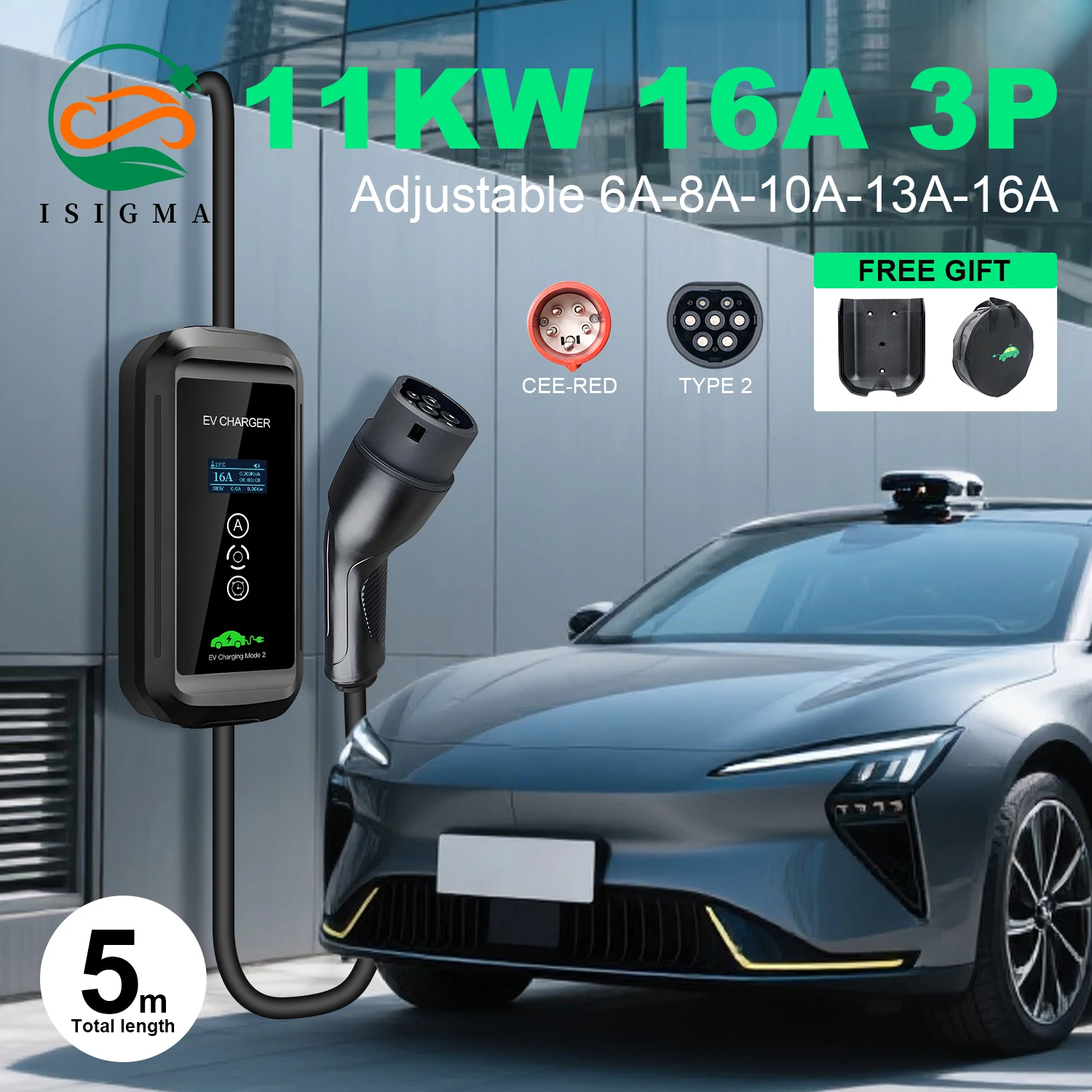 Isigma 16A 11KW chargeur EV Portable Type 2 maison EV charge Wallbox minuterie 1-15 heures pour véhicules électriques voitures 5M