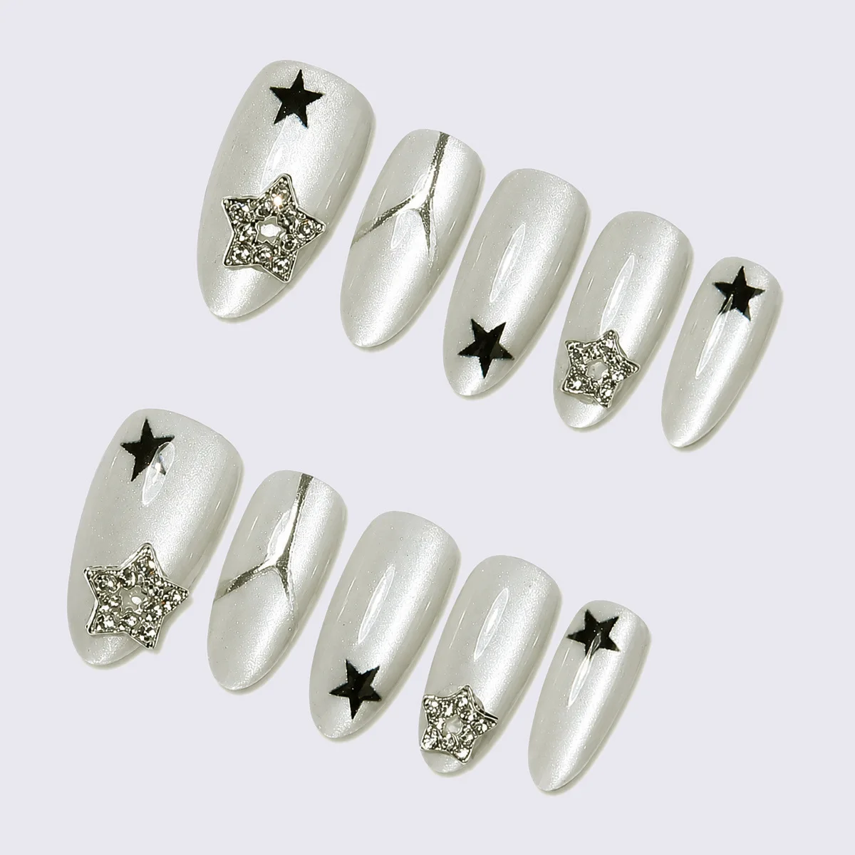 24Pcs Mid-length Cat's Eye Almond Press on Nails Black Pentagram Diamond Stick on Fake Nails Gilded Silver Line Detachable Nail