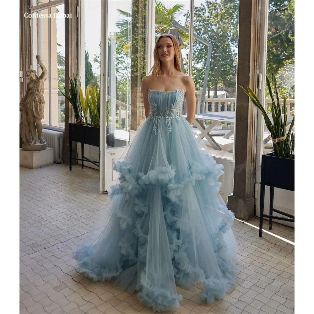 

Contessa Dubai Blue 3D Flowers Sequin Prom Dresses Strapless Customized فساتين سهرات A-line Sweep Train Evening Dress 2025