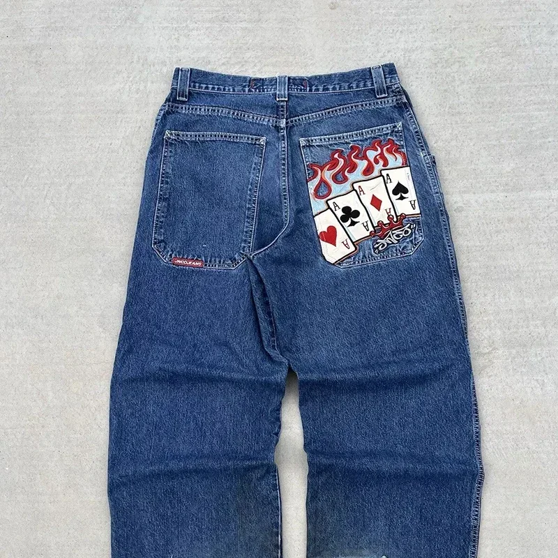 JNCO celana jins pinggang tinggi pria, celana Denim pinggang tinggi, celana Goth bordir klasik, celana Denim pinggang tinggi, celana jins Punk Hip Hop, untuk pria