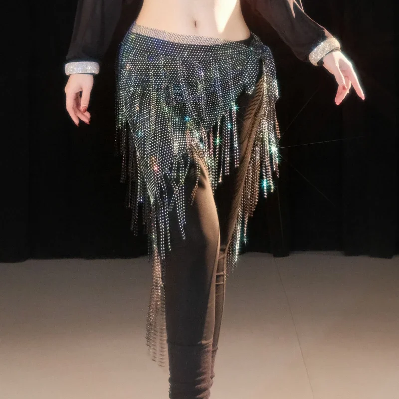 

Пояс для выступлений BellyDance для женщин, треугольный набедренный шарф с кисточками, полный бриллиант, восточная танцевальная практика, поясная цепочка, пердежная занавеска