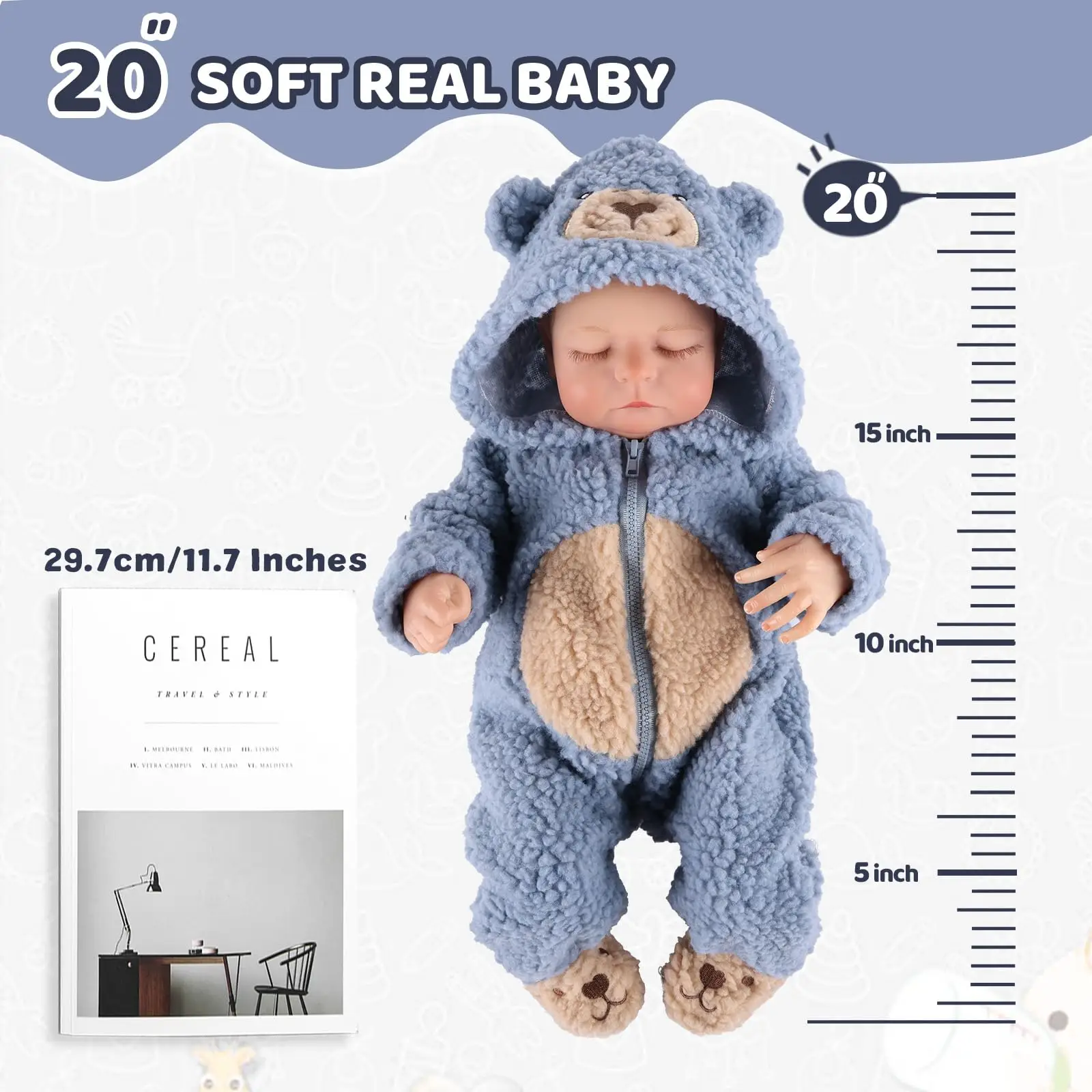 ตุ๊กตา Reborn - ตุ๊กตาเด็กเหมือนจริงขนาด 20 นิ้ว ตัวทำจากผ้า ตาปิด - ตุ๊กตาสมจริงพร้อมอุปกรณ์เสริมสำหรับเด็กอายุ 3 ปีขึ้นไป