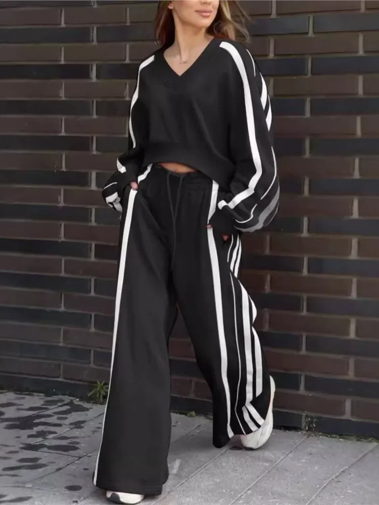 Pakaian Celana Olahraga Kasual Wanita Set 2 Potong Musim Gugur Baru Atasan Lengan Panjang Set Celana Kaus Setelan Fashion Dua Potong
