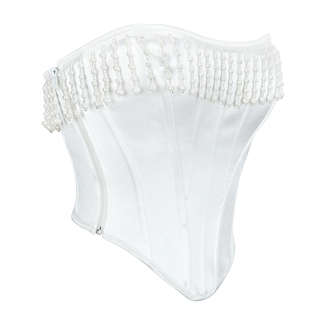 

Pearl Tassel White Overbust Corset Fashion Strapless Bustier Crop Top Korset