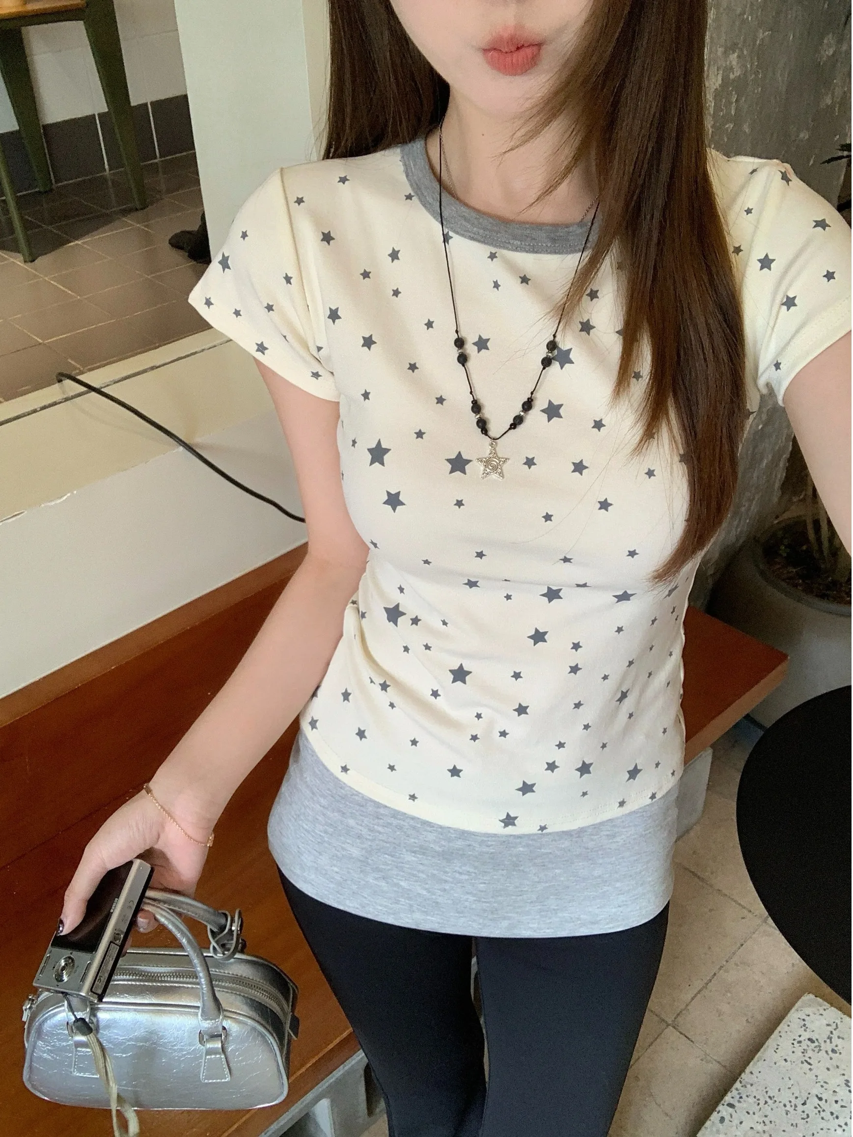 

plus Size Women's Korean Style Star Print Short Sleeve Slim Fit Casual Top Summer New Style Design Sense Slimming Effectiveness