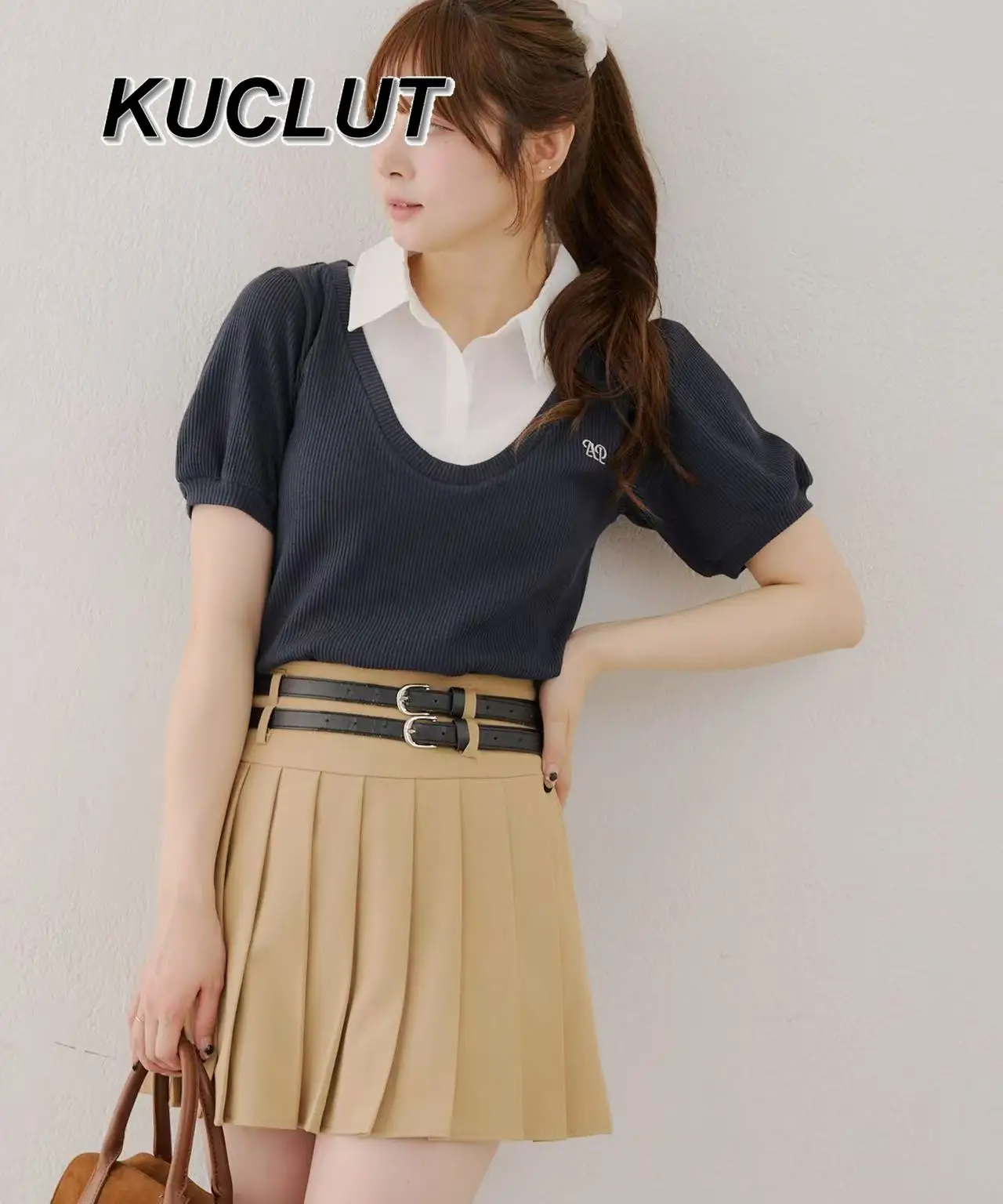 

Short Sleeve T-shirts Femme Japanese Style 2025 New Original Casual Tshirt Patchwork Polo Collar Tee Women's Tops Summer