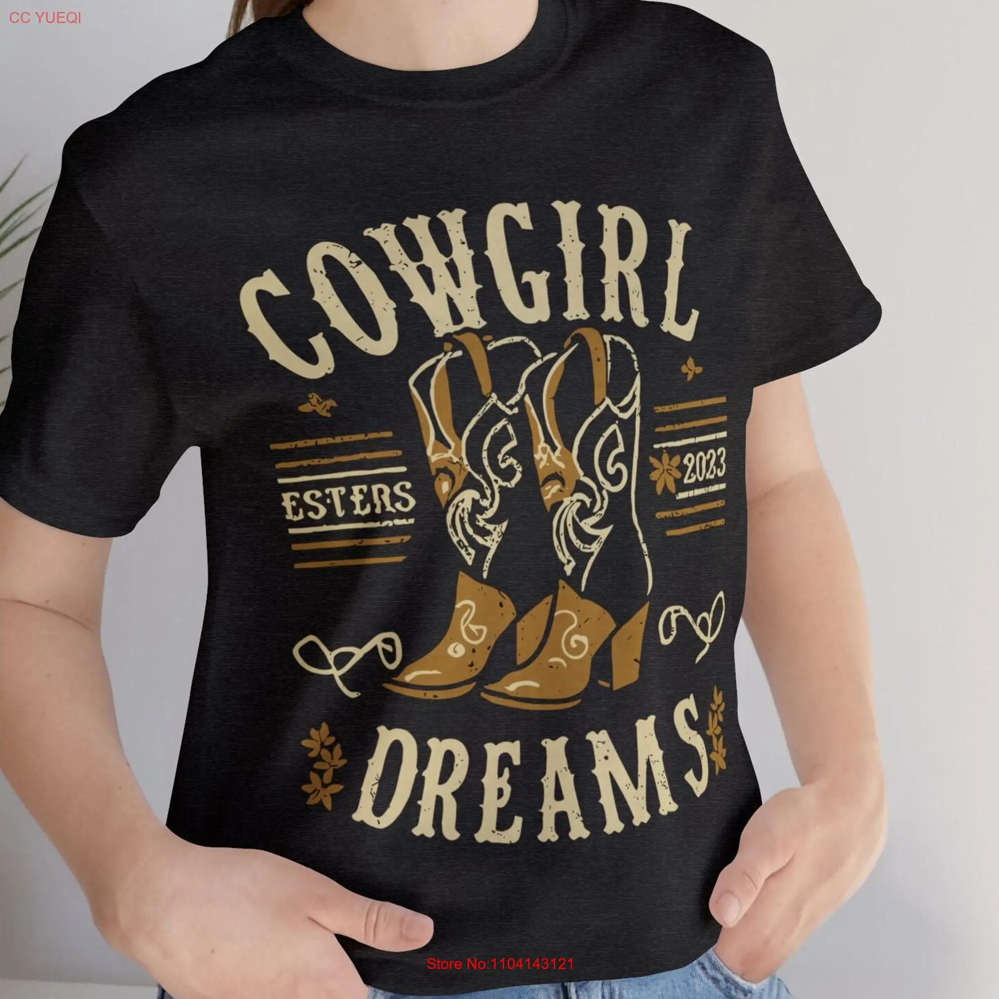 Cowgirl Dreams Heather Cotton T Shirt Western Vibes Jersey Rustic Boot Print Sustainable US Fabric long or short sleeves