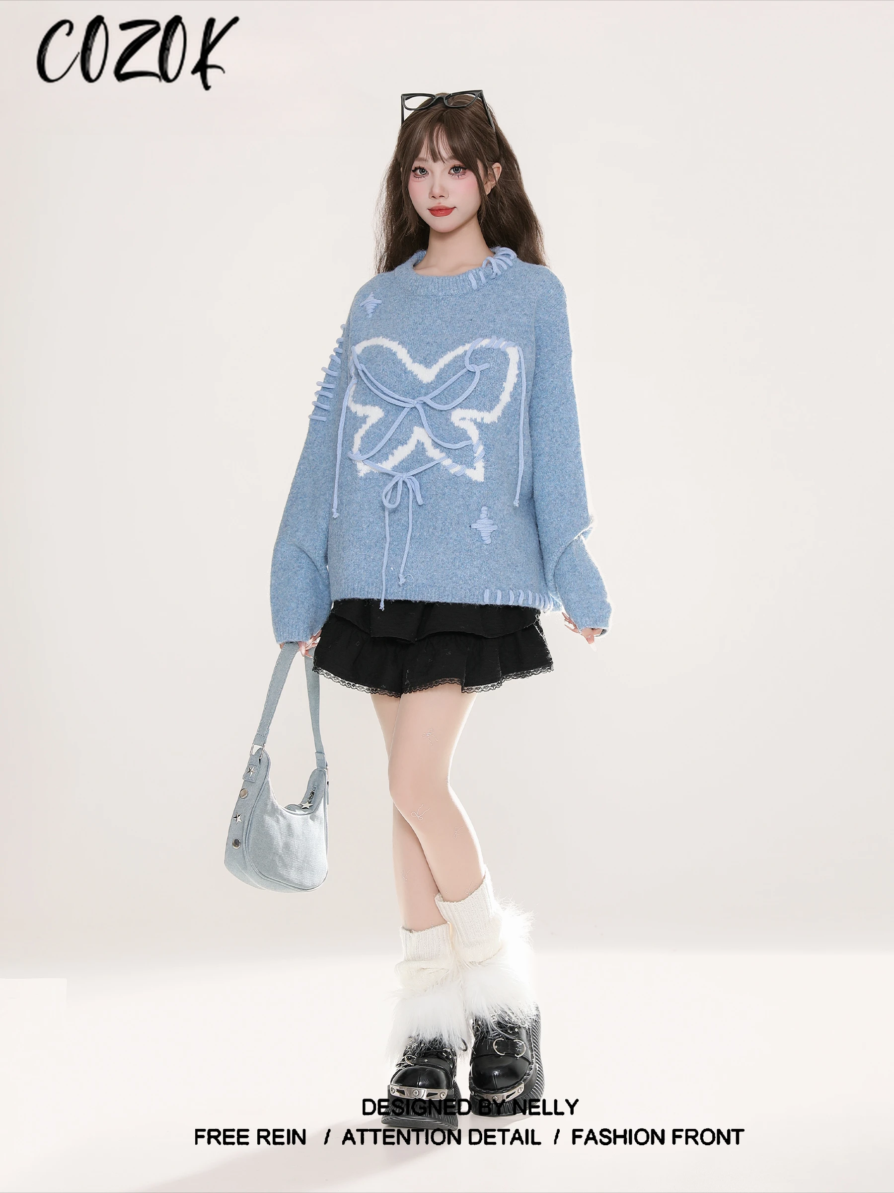 Knitted Sweater Women's Winter Round Neck Sweater for Women Creative Bow Tied Design Loose Fit Soft and Supple Knitted