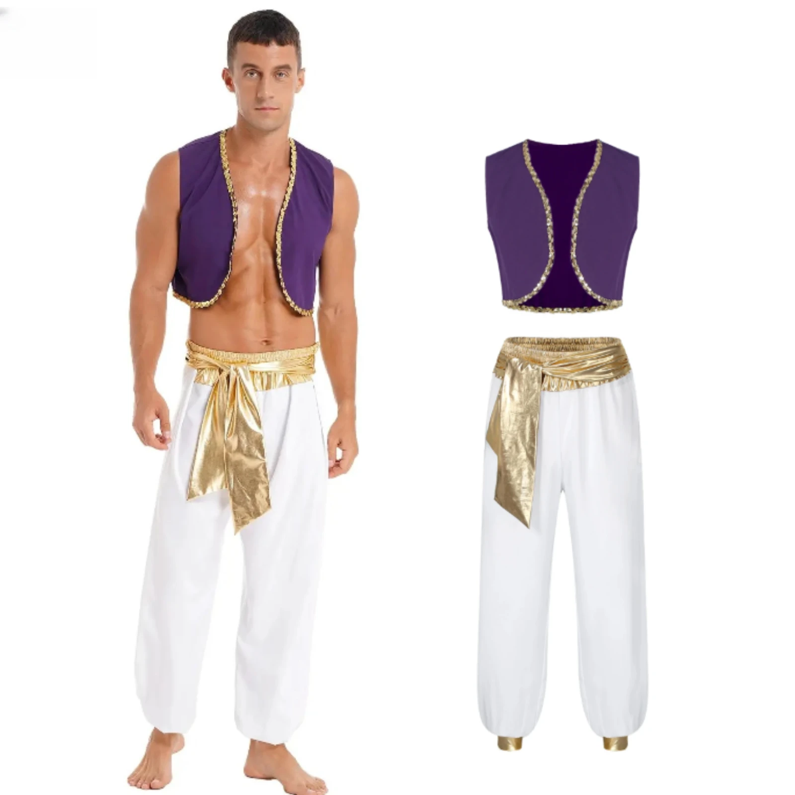 

Mens Aladin Costume Arabian Prince Cosplay Dress Up Vest Waistcoat Harem Pants Suit Halloween Party Carnival Stage Performance