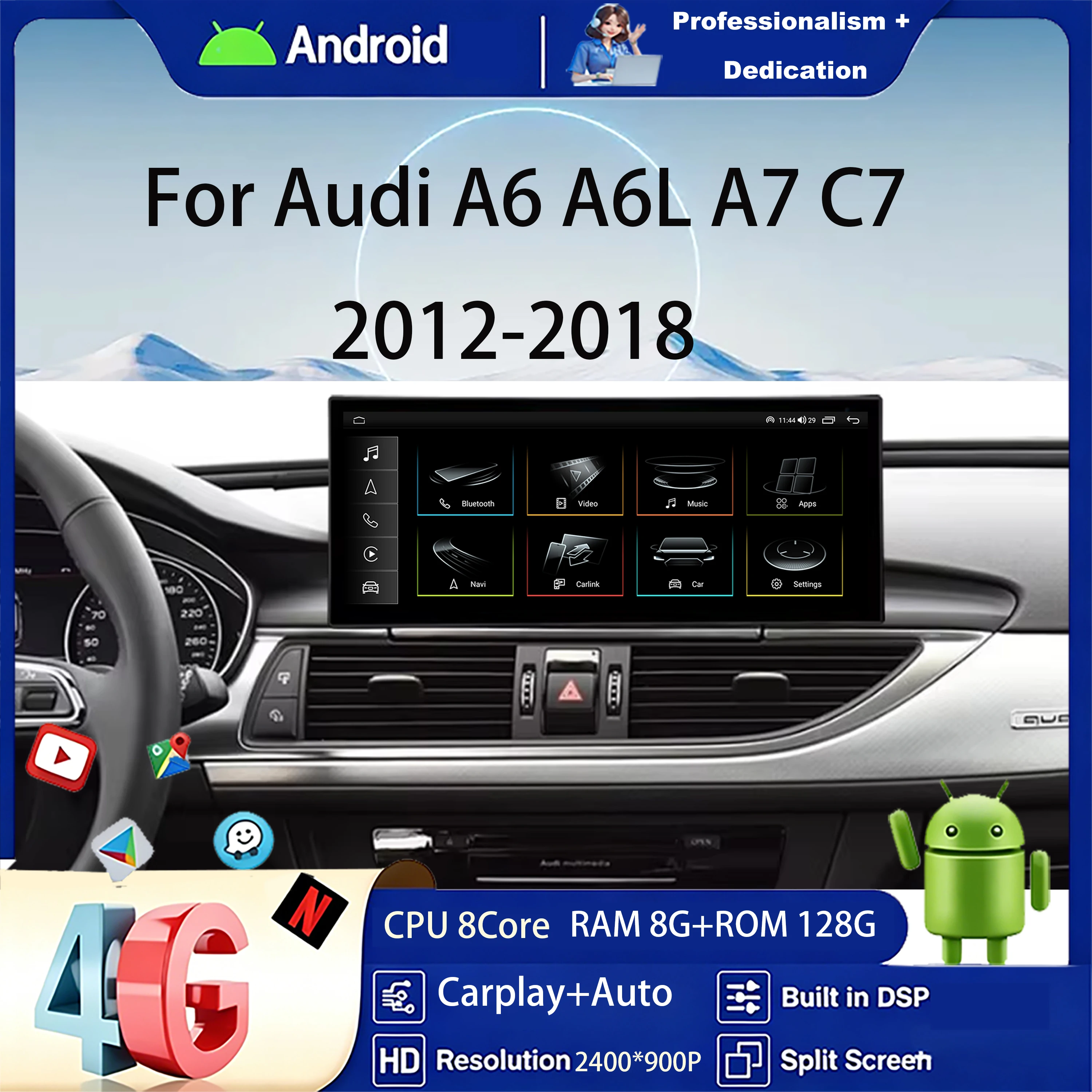 For Audi A6 A6L A7 C7 2012-2018 Android 16 Car Radio Multimedia CarPlay 4G WIFI DSP Stereo GPS Navigation QLED Touch Scre