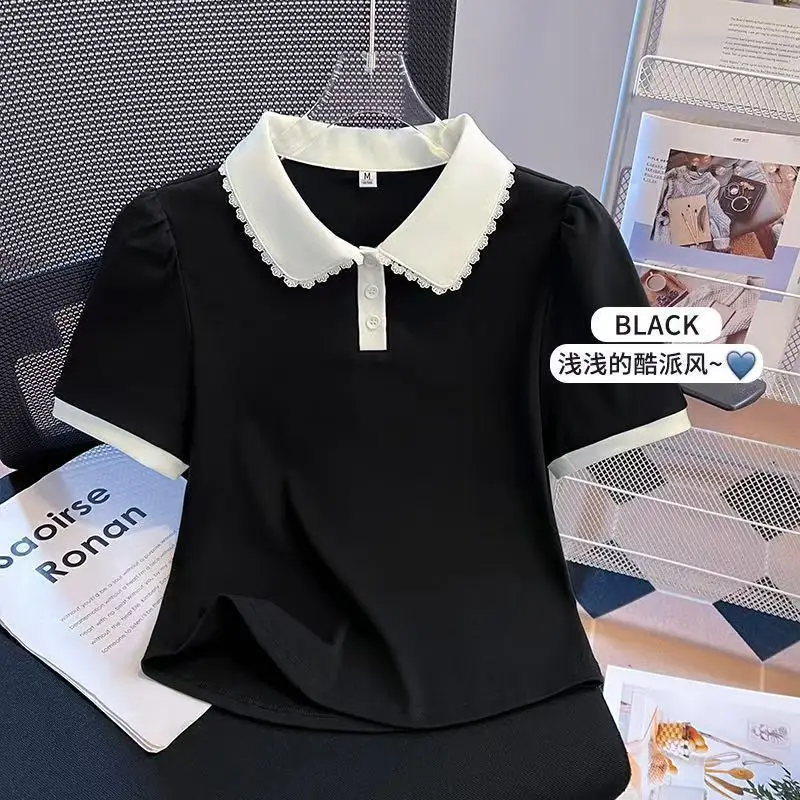 Summer large-size women's clothing new classic contrasting color sports girl style loose lace collar short-sleeved T-shirt
