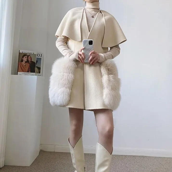 Hot Sale Woolen cape shawl coat for women, small stature, 2024 autumn/winter new style, fur and fur integrated double-sided cash