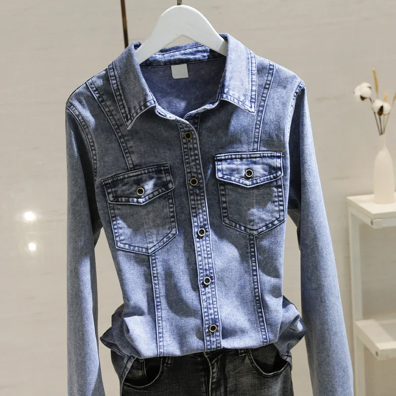 

Retro Hong Kong Sle Elastic Denim irt Women's Inner Wear Outerwear Long Sve Top Layering Jaet Spring 2023 Commute St...