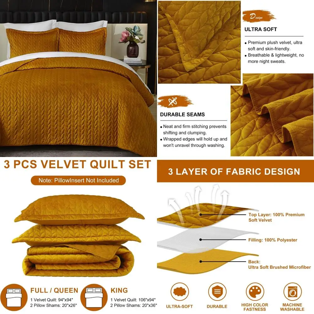 

Набор стеганых одеял из желтого бархата размера «queen-size» — ультрамягкое и легкое покрывало на все сезоны, покрывало из трех предметов