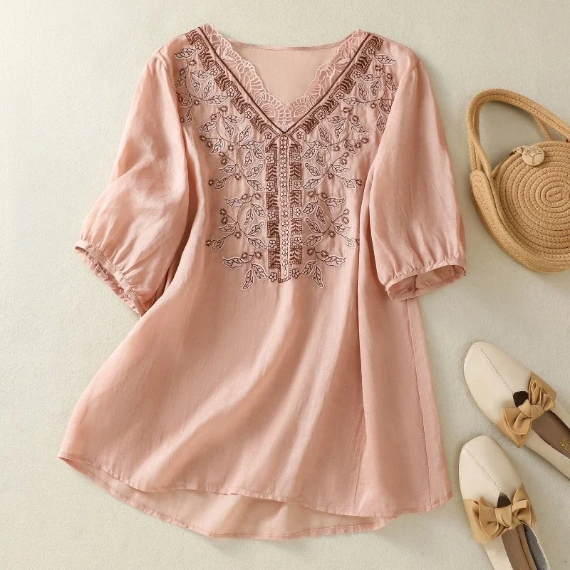 

Chinese Style Women's Blouse Embroidery Vintage Shirts Fashion Loose Summer Clothing Short Sleeve V-Neck Cotton Linen Women Tops