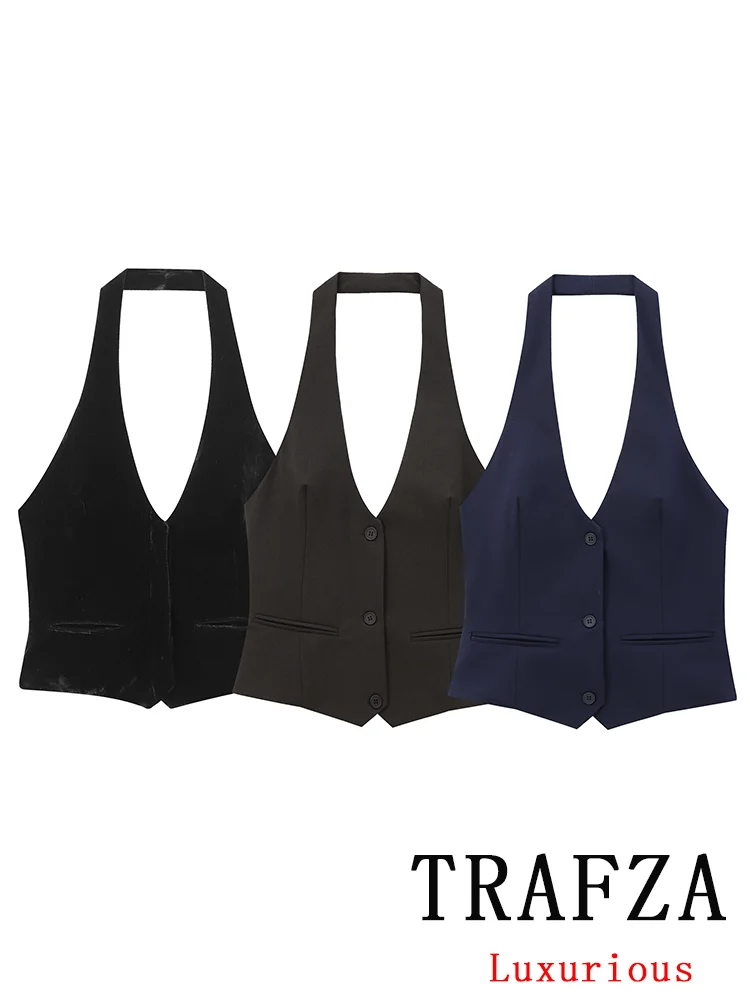 TRAFZA Vintage Sexy Chic Women Halter Tops Solid Single Breasted Backless Sleeveless Short Vest New Fashion 2024 Autumn Tops