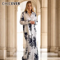 CHICEVER Floral Printing Casaul Skirt Suits For Women Lapel Long Sleeve Shirts High Waist Midi Skirts Temperament Set Female New