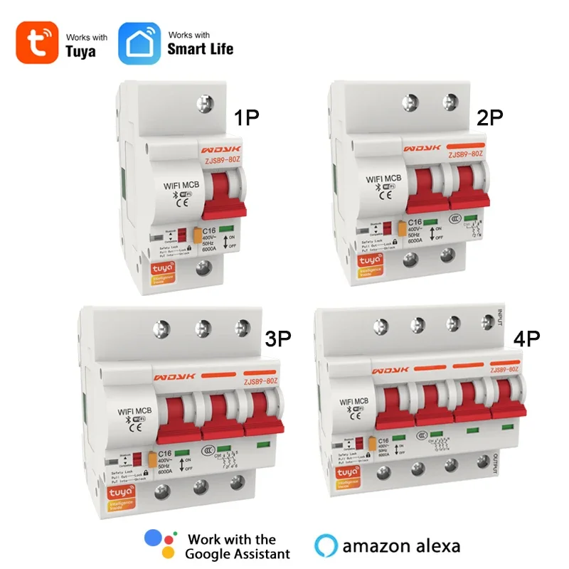 Tuya Smart 1 2 3 4 Phase Din Rail WIFI Circuit Breaker Smart Home Switch,63A MCB,Overload Short Circuit Protection,Alexa Remote