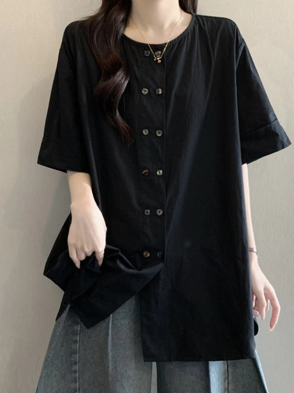

Elegant Black Short Sleeve Loose Women's Shirt Shoulder Length Cover Belly Mid-Length Top plus Size Comfortable Korean Style