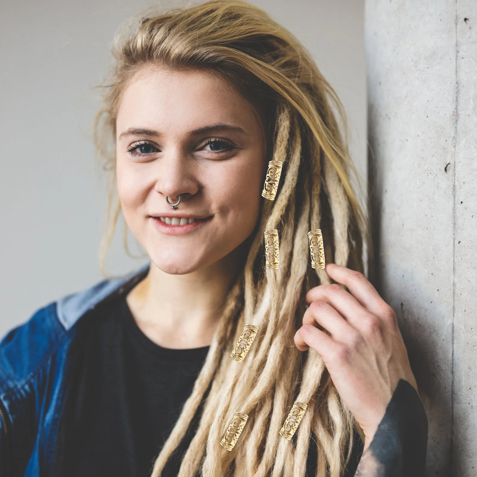 

6Pcs Dreadlock Crochet Hook Style Hair Cuffs Alloy Vintage Hair Rings Hollow Out Pattern Braids Accessories for Party Photo