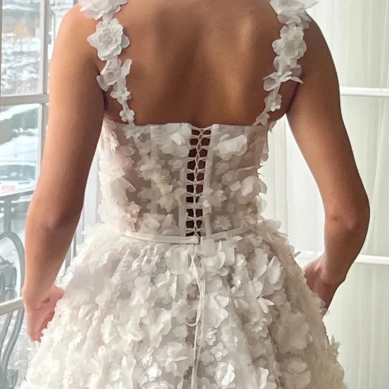 Mini vestidos de baile florais 3d românticos para festa, alças espaguete, linha a, vestido de baile, decote em coração, vestido de casamento curto