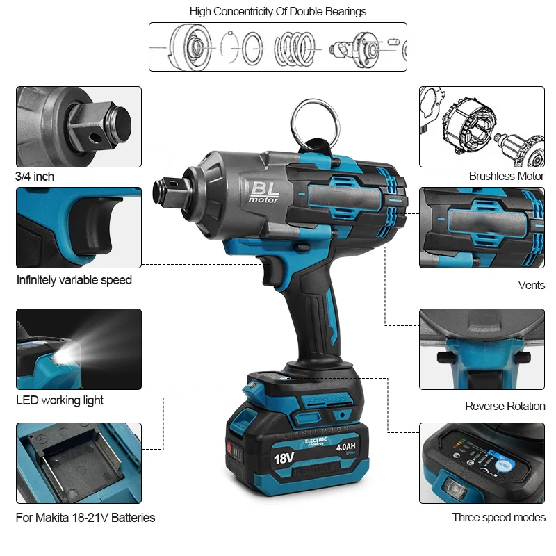 

Аккумуляторный ударный гайковерт 2000 Нм, бесщеточный ударный пистолет с высоким крутящим моментом 3/4 дюйма, электроинструмент для ремонта автомобиля для батареи Makita 18 В
