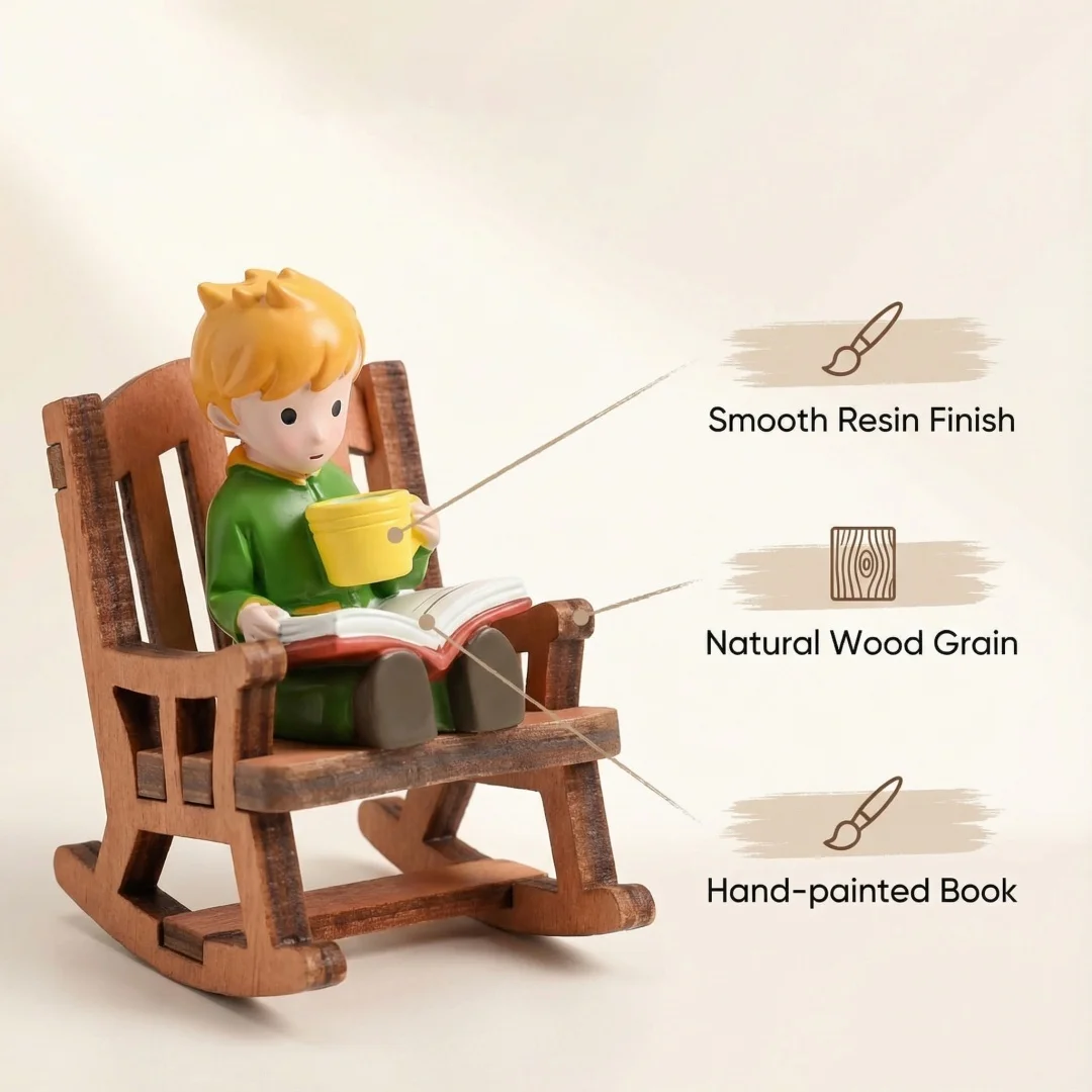 Märchenprinz Schaukelstuhl Lesebeigur Niedliche Miniatur-Desktop-Ornament für Zuhause, Büro, Regal, verträumtes Geschenk für Kinder – Detail 3