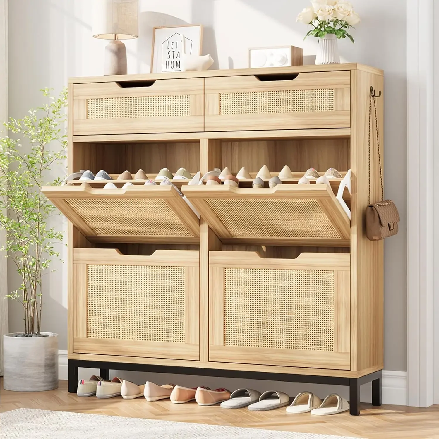 Shoe Cabinet Storage for Entryway Hidden Shoes Storage Cabinet  Narrow Shoe Organizer Cabinet with 4 Flip Drawers, Free Standing