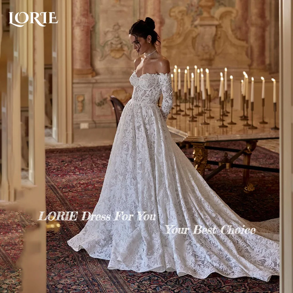 LORIE Vintage Lace Wedding Dress Off Shoulder Long Sleeve A-line Bridal Gown Sweetheart Princess Ball Bride Dress Customized image 2