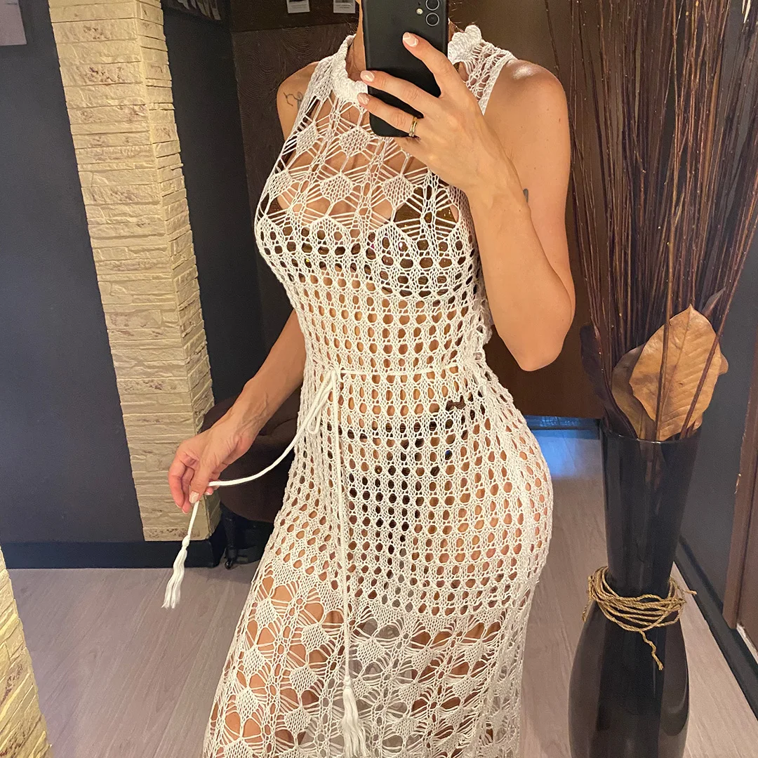 S - XL Neues, mit Fransen und Quasten versehenes, ausgestelltes, gehäkeltes, gestricktes Tunika-Strandkleid, Strandmode, Strandbekleidung, Strand-Cover-up, Damen V5605 – Detail 8