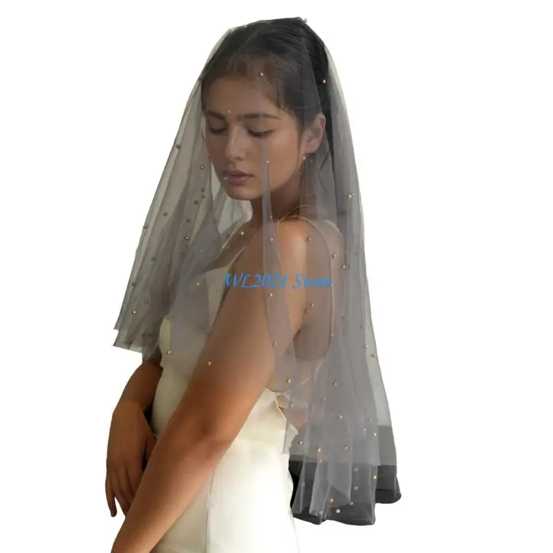 

G5GC Pearls Embellished Short Veil Bridal Wedding Headpiece Vintage Women Veil