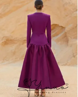 customized Quality Grape Evening Celebrity Dress O-Neck Long Sleeves Ankle Length Satin Prom Formal Party Gowns Modern Robe De S