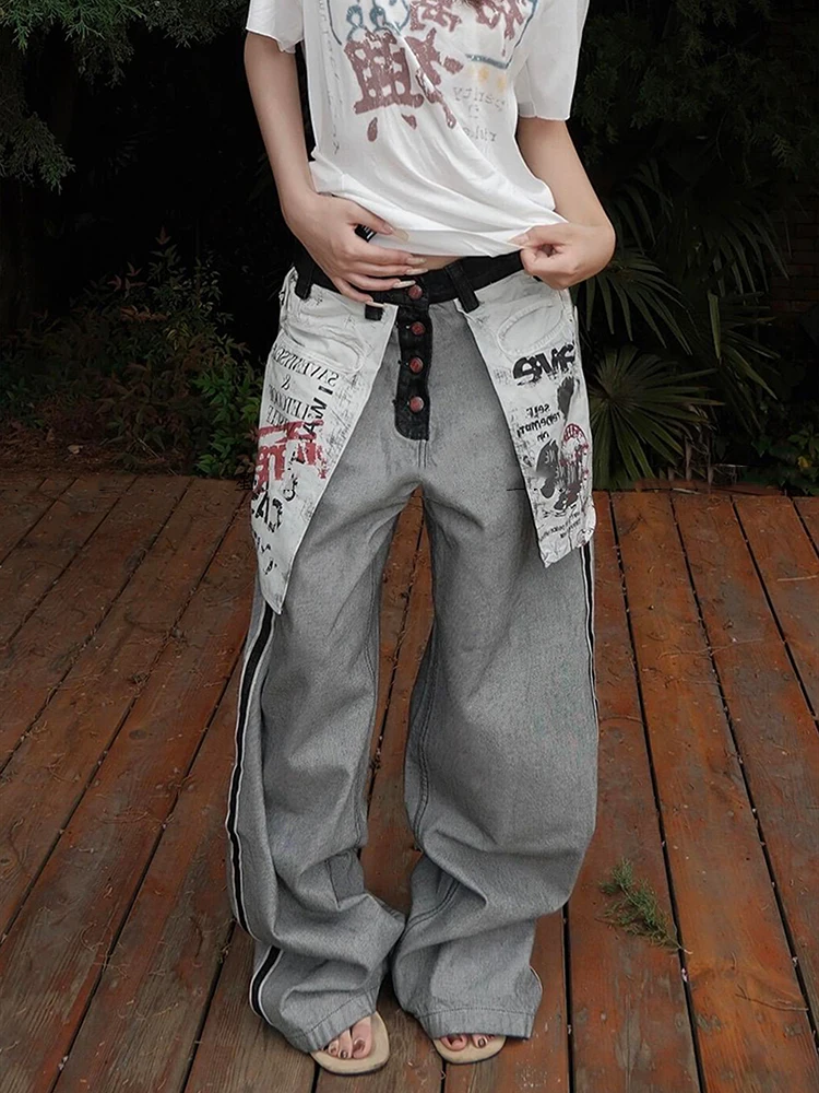 Women's Grey Gothic Y2k Oversize Jeans Harajuku Vintage Baggy Denim Trouser Japanese 2000s Style Boyfriend Jeans Pants Summer