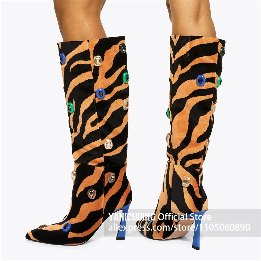 Tiger Stripe Velvet Gem Embellished Knee Boots Multicolor Rhinestone Animal Print Pointed Toe Fashion Boots Gem High Heel Boots image 6
