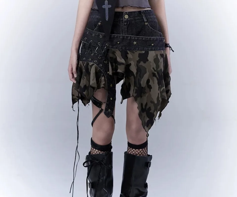 WSW Original Camouflage Army Green Asymmetric Patchwork Design Y2k Low Waist Skirt Punk Girls Pant Skirt