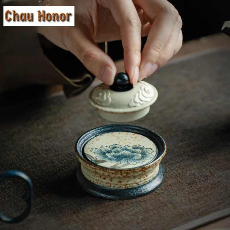 Blue And White Flint Red Teapot Cover Holder Handmade Gold Drawing Peony Flower Cover Frame Zisha Pot Lid Shelf Teaware Craft - view 4