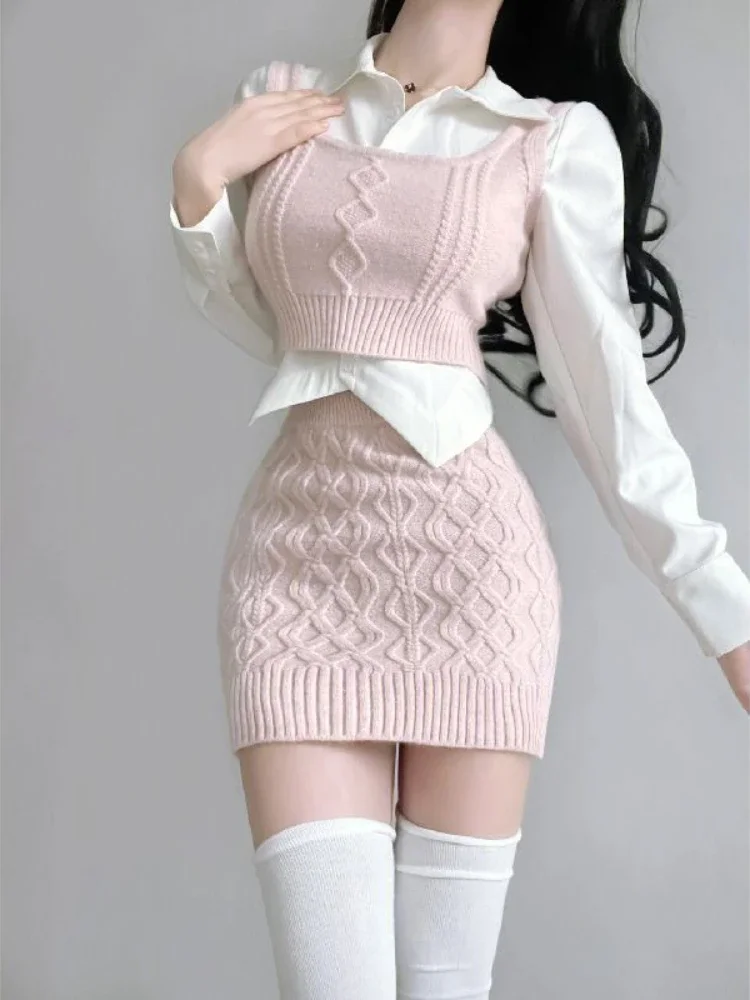 

Knitted Korean Three-piece Set Women Pink Designer Party Mini Skirt Suit Female Winter Warm France Vintage Bodycon Skirt Set New