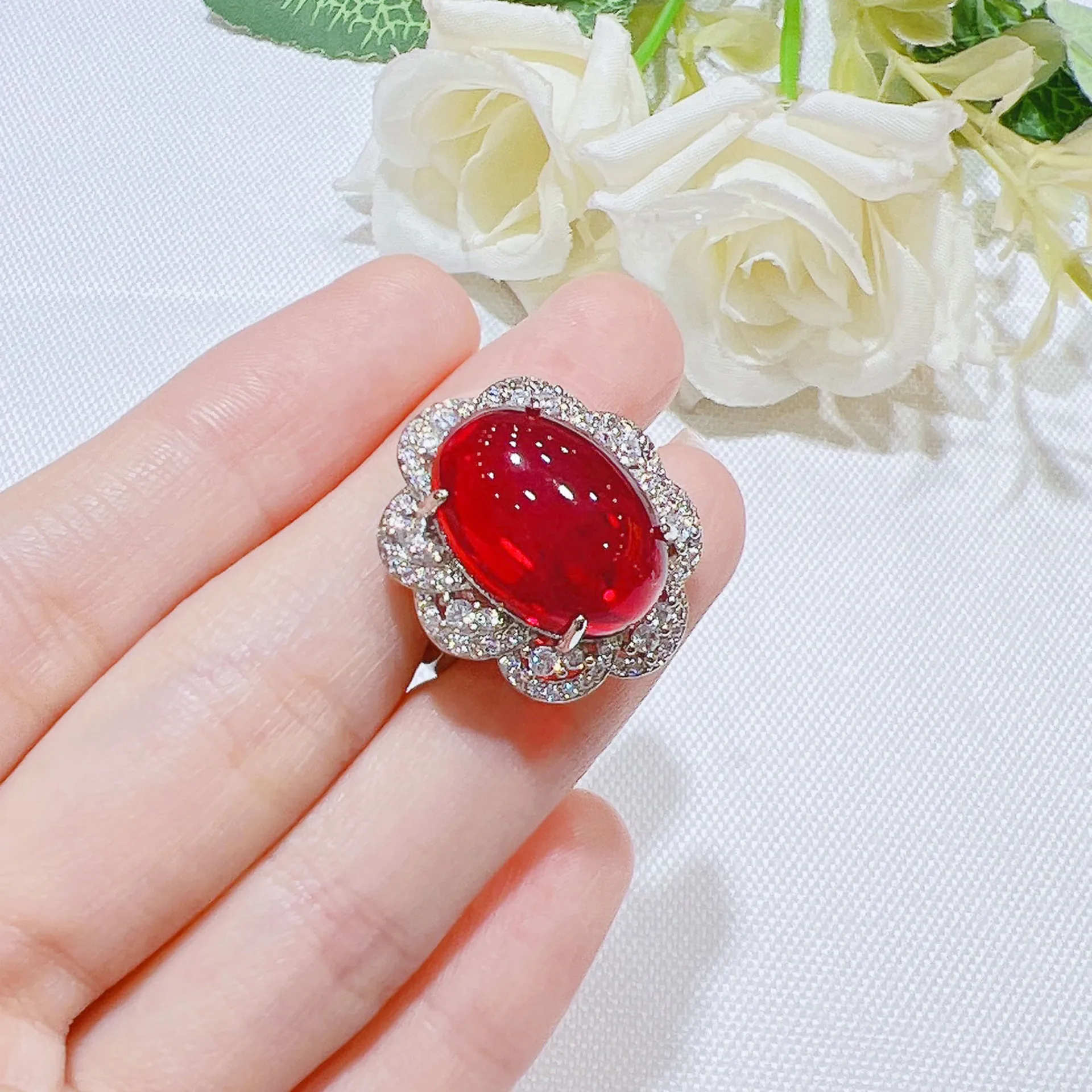 Foydjew New Luxury Simulation Pigeon Ruby Jewelry Sets For Women Exaggerated Big Red Stone Pendant Necklaces Stud Earrings Rings