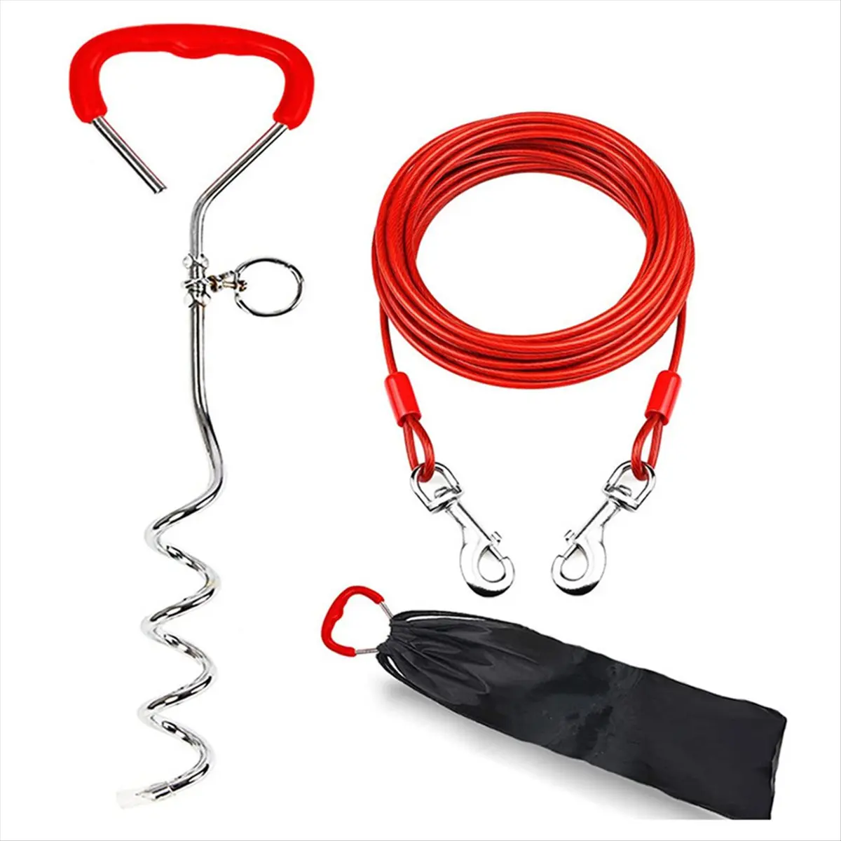 AT16 Dog Tie Out Cable and Stake, 16 Ft Outside Dog Leash Cable Chain for Dogs Up to 125 Lbs,16Inch Duty Reflective Spiral