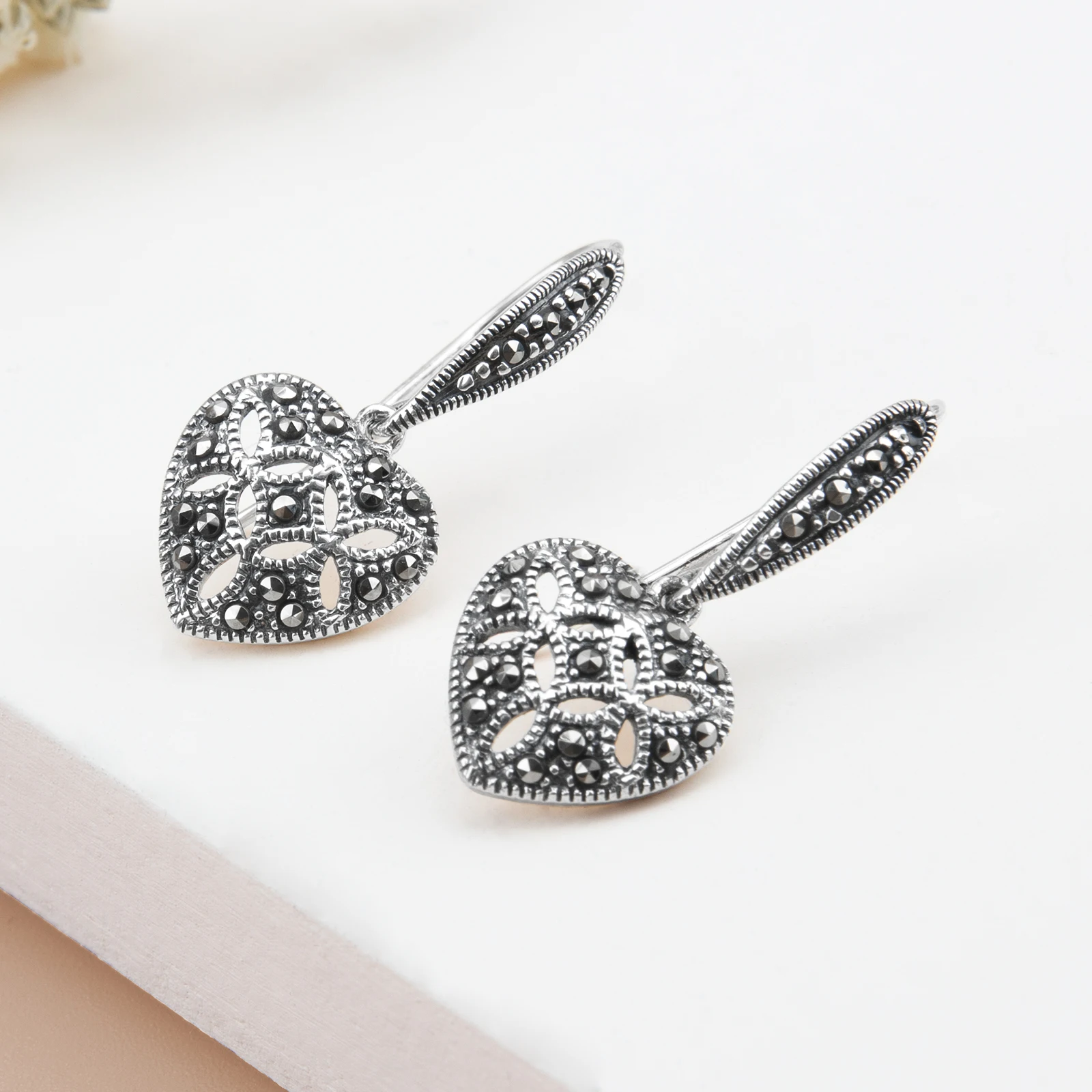 YYSuniee Elegant Tassel S925 Sterling Silver Earrings with Retro Chinese Needle Hollow out Heart-Shaped Peach Heart Earrings