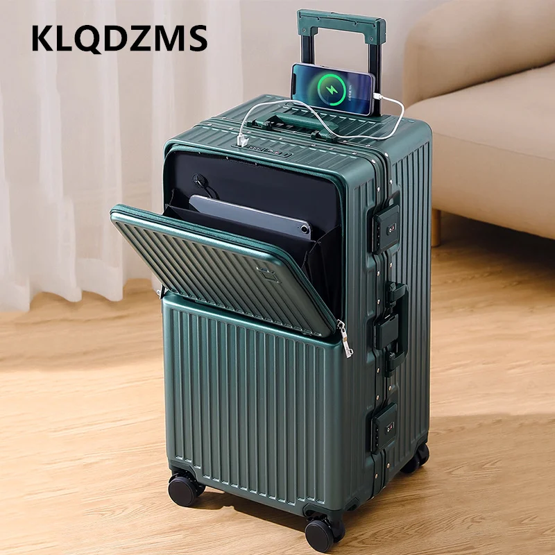 KLQDZMS Laptop Suitcase Front Opening Aluminum Frame Trolley Case USB Charging Multi-function 26