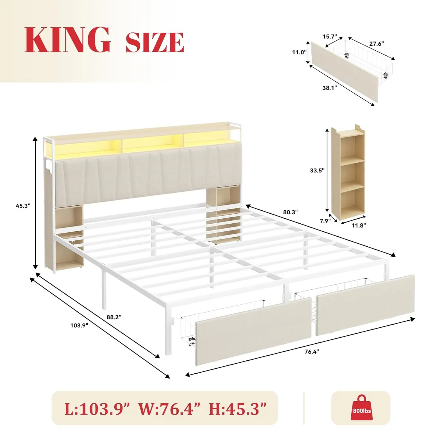 King Bed Frame Storage Drawers LED Headboard Movable Cabinets Platform Bed Charging Station Beige, Customized