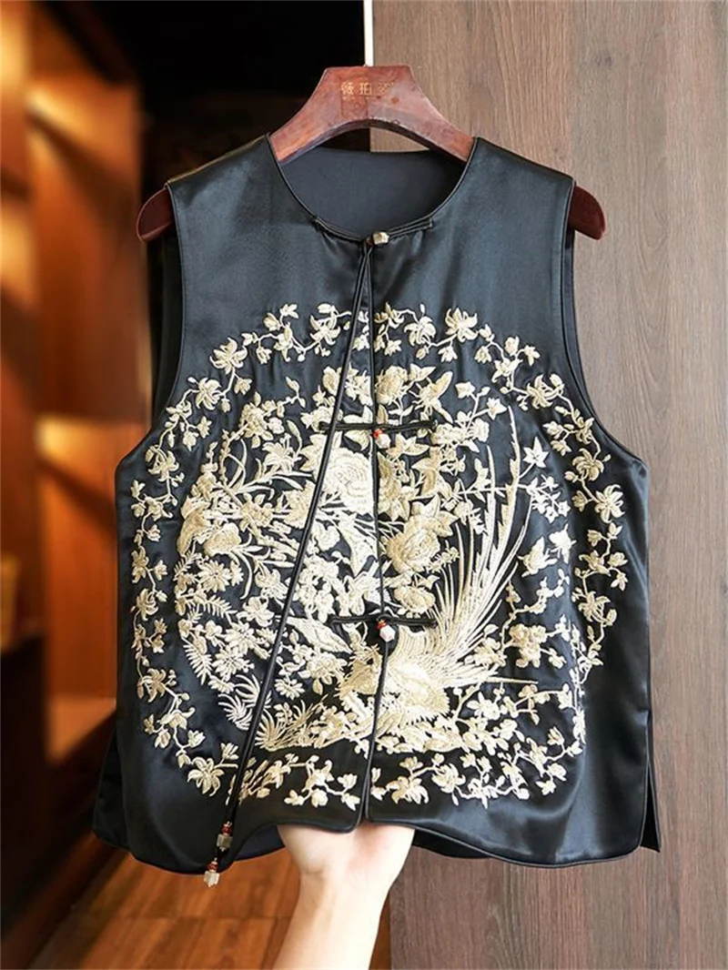 

New Chinese Lady Vests Jacket Women's Embroidery Outerwear Spring Summer Yellow Waistcoat Round Neck Retro Female Tops