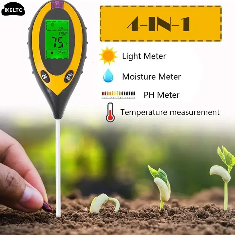 Soil Moisture Detector 4 in 1 PH Meter Tester with LED Backlight High Precision of Temperature Sunlight Intensity Measurement